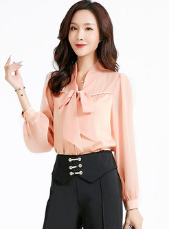 Bowknot Long Sleeve Single-breasted Blouse