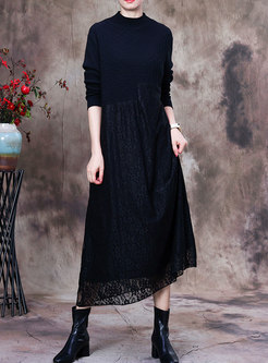 Long Sleeve Knitted Patchwork Lace Shift Dress