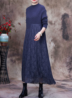Long Sleeve Knitted Patchwork Lace Shift Dress