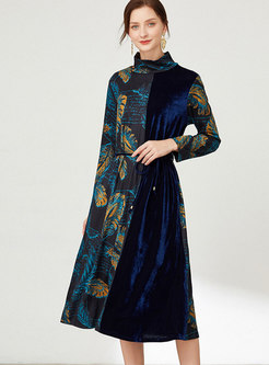 Plus Size Print Velvet Patchwork Midi Dress