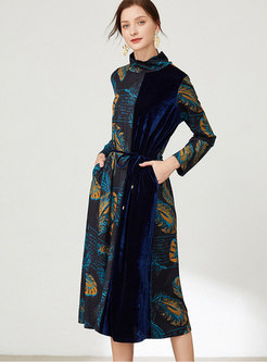 Plus Size Print Velvet Patchwork Midi Dress