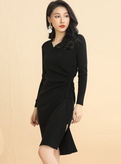 V-neck Ruched Solid Sheath Sweater Dress