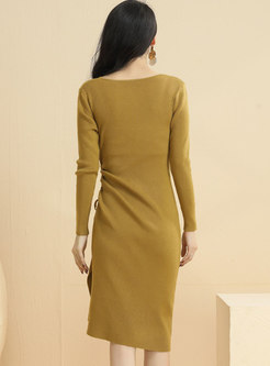 V-neck Ruched Solid Sheath Sweater Dress