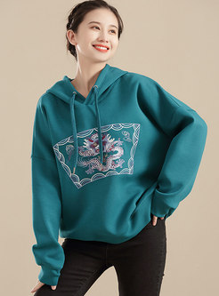 Hooded Embroidered Pullover Loose Sweatshirt