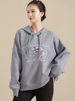 Hooded Embroidered Pullover Loose Sweatshirt