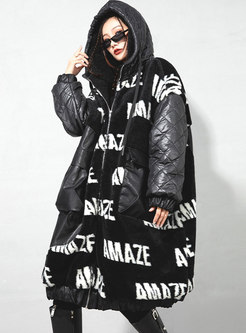 Letter Print Hooded Plus Size Cotton-padded Coat