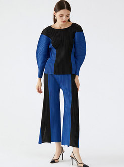 Color-blocked Pleated Wide Leg Pant Suits