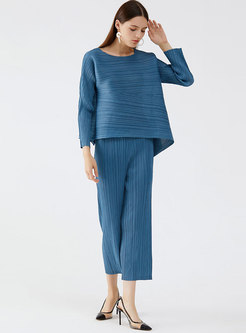 Crew Neck Long Sleeve Pleated Straight Pant Suits