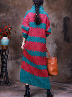 Long Sleeve Striped Patchwork Shift Sweater Dress