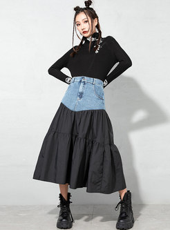 High Waisted Denim Patchwork Maxi Skirt