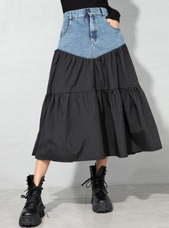 High Waisted Denim Patchwork Maxi Skirt