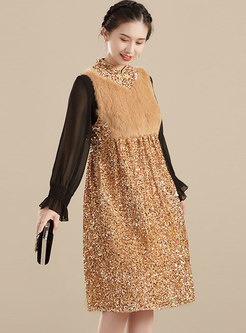 Mandarin Collar Sequin Patchwork Velvet Shift Dress