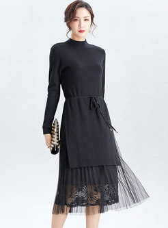 Long Sleeve Sweater Patchwork Lace Midi Dress