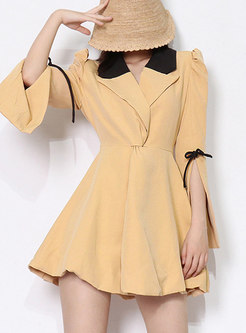Color-blocked Bowknot Long Sleeve Short Dress