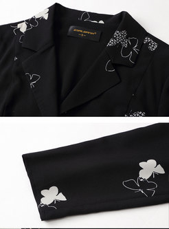Lapel Butterfly Print Knee-length Black Dress