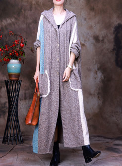 Hooded Color-blocked Patchwork Long Sweater Coat