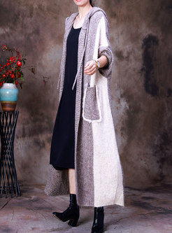 Hooded Color-blocked Patchwork Long Sweater Coat