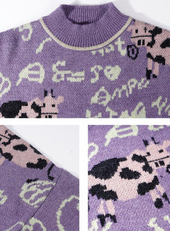 Animal Letter Print Pullover Loose Sweater