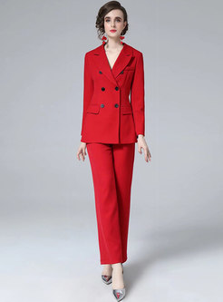 Double-breasted Red Blazer & Wide Leg Pants