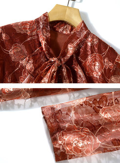 Long Sleeve Print Ribbon Lace Midi Dress