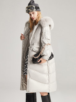 Faux Fur Hooded Drawstring Knee-length Down Coat