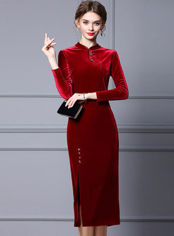 Mandarin Collar Long Sleeve Velvet Cheongsam Dress