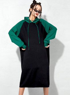 Color-blocked Hooded Long Sleeve Shift Sweater Dress