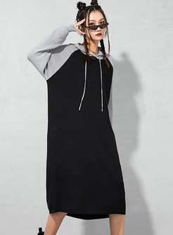 Color-blocked Hooded Long Sleeve Shift Sweater Dress