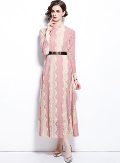 Long Sleeve Striped Openwork Lace Party Dress