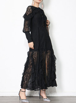 Crew Neck Long Sleeve Openwork Lace Party Dress