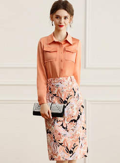 Long Sleeve Shirt & Floral Midi Bodycon Skirt
