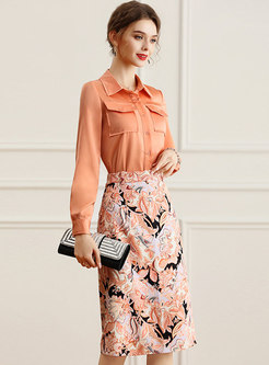 Long Sleeve Shirt & Floral Midi Bodycon Skirt