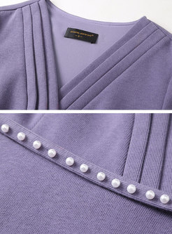 Long Sleeve Belted Skater Knitted Purple Dress
