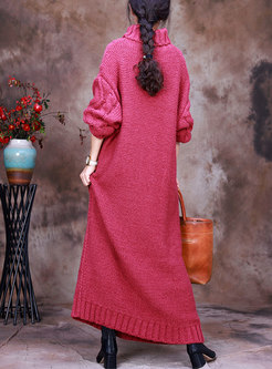 Turtleneck Long Sleeve Cable-knit Sweater Dress