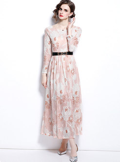 Long Sleeve Lace Belted Party Maxi Dress