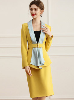 Color-blocked V-neck Peplum Skirt Suits