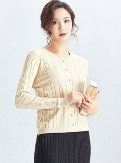 Crew Neck Pullover Cable-knit Slim Sweater