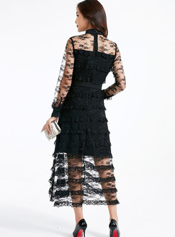 Mesh Lace Patchwork Sheer Long Party Dress