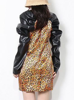 Long Sleeve Leather Patchwork Leopard Short Dress