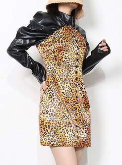 Long Sleeve Leather Patchwork Leopard Short Dress