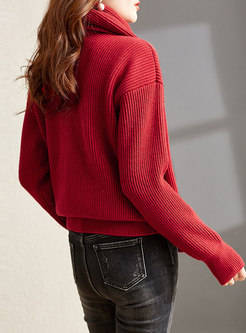 V-neck Red Knitted Cardigan With Scarf