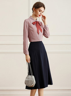 Long Sleeve Dot Shirt With A Line Skirts