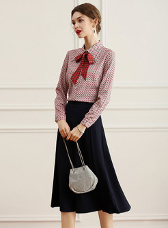 Long Sleeve Dot Shirt With A Line Skirts