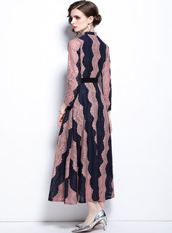 Long Sleeve Openwork Lace Belted Striped Maxi Dress