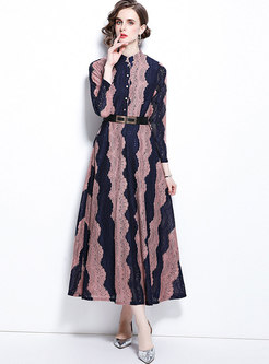 Long Sleeve Openwork Lace Belted Striped Maxi Dress