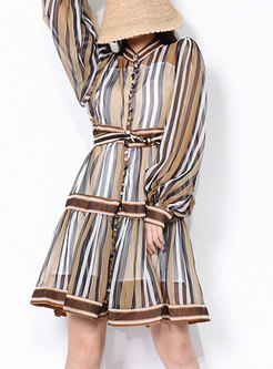 Lantern Sleeve Striped Single-breasted Short Dress