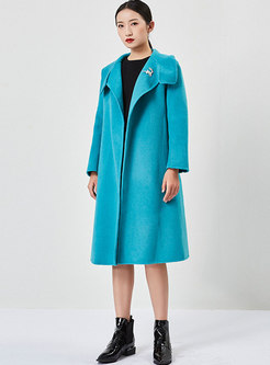 Lapel Solid Double-cashmere Long Straight Overcoat