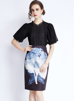 Puff Sleeve Pullover Lace Blouse & Print Pencil Skirt