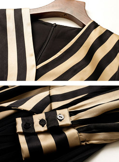 V-neck Striped Patchwork Pleated Midi Dress