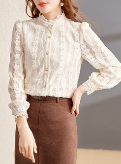 Long Sleeve Lace Single-breasted Blouse
